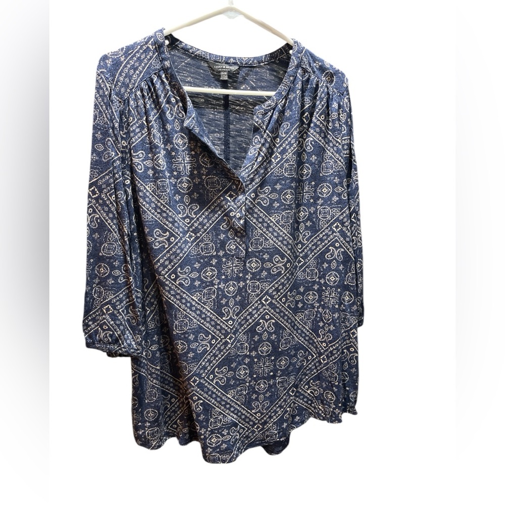 Lucky brand woman’s top Denim looking paisley design 3/4 sleeves Plus size